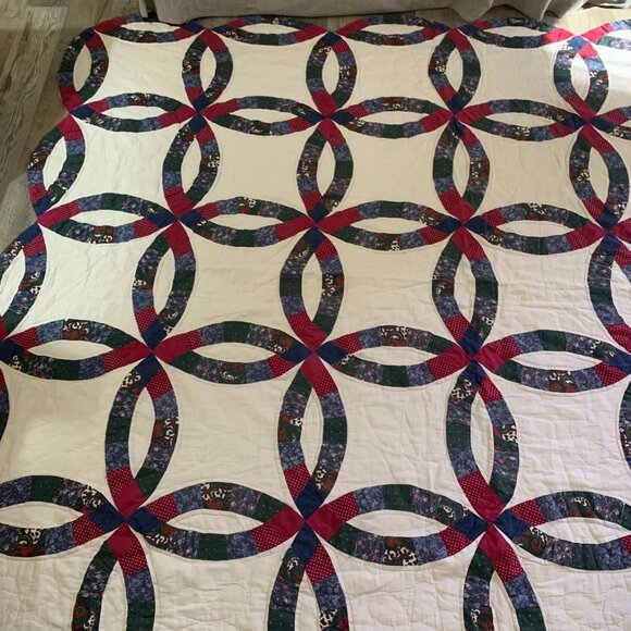 Vintage Hand Stitched Double Wedding Ring Quilt Patchwork Multicolored 82 x 98 - Picture 2 of 8